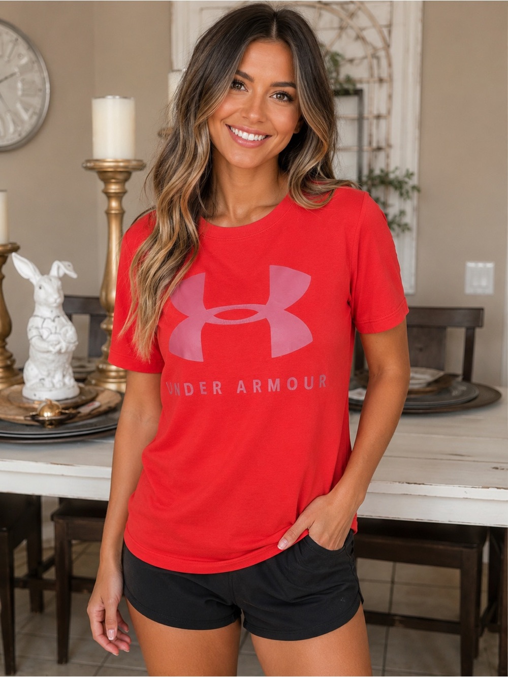 Under Armour Women's Coral-Red Short Sleeve Logo Tee‎